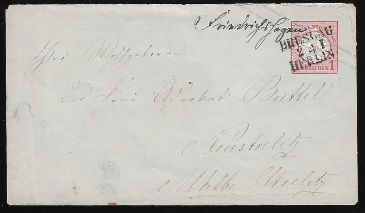 "Friedrichshagen", dépôt de poste ferroviaire manuscrit et train-L3 "Breslau-Berlin" sur entier postal 1 Gr. petit écu