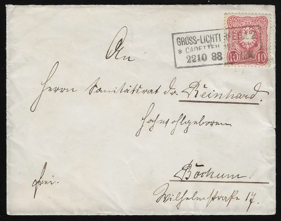"Gross-Lichterfelde 2 Cadetten-Anstalt" op envelop 1888 met 10 Pfg., evenals 1886 op spoorwegpostkaart