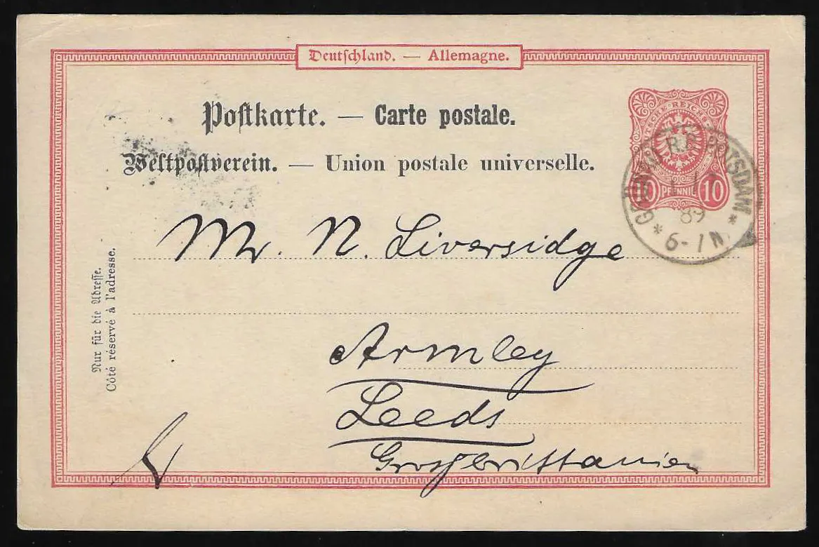 "Grünau R.B. Potsdam", K1 clair 1889 sur carte entière étrangère 10 Pfg. pour l'Angleterre, ex Mus
