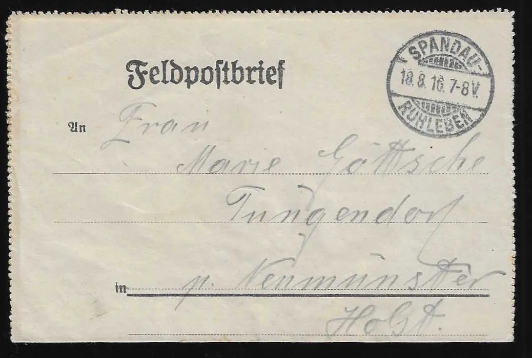"Spandau Ruhleben", Steg-K2 sur carte KGF 1914 pour Londres et sur lettre de campagne 1916 (camp Ruhleben)