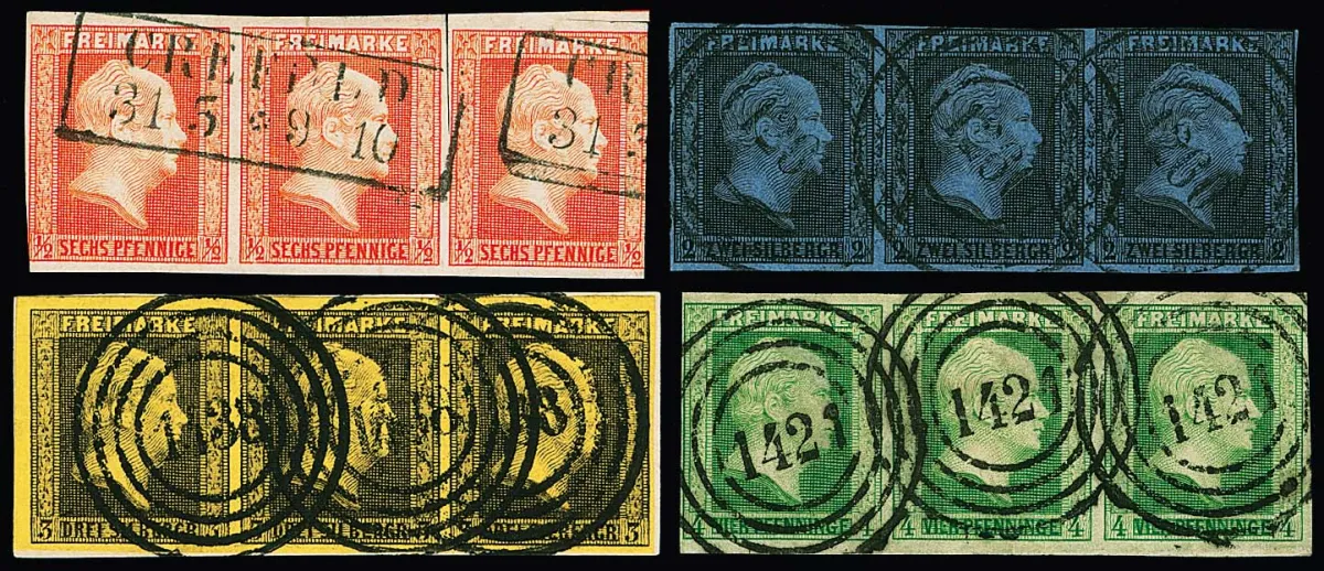 Erste Ausgabe komplett in waagerechten gestempelten Dreierstreifen, 1/2 Sgr. zwei Werte berührt, 2 Sgr. ein Wert knapp, sonst gute Erhaltung, die 3 Sgr. teils…