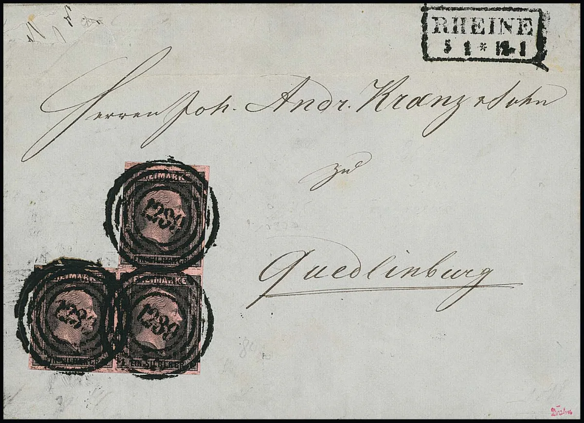 1 Sgr. schw./rosa, seltener Dreierblock (eine Marke links gering berührt) auf Brief (oben kleiner Papierfehler) mit NS "1239" und Ra2 "Rheine", sign. Drahn,…