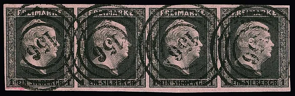 1 Sgr. black/pink, cabinet strip of four with clear NS "156" (Boppard). Good unit from the "Romanow" collection, signed Drahn, Kruschel. Mi. 500,-