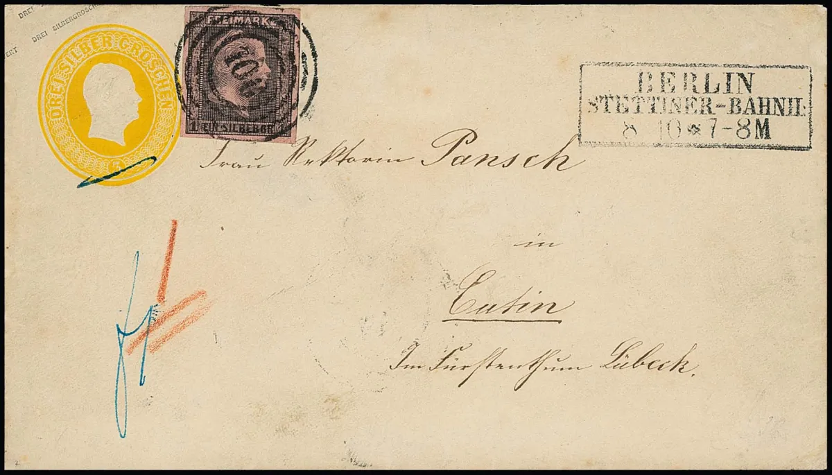1 Sgr. černá/růžová, kabinetní kus na celině 3 Sgr. žluté (tato na rubu malá vada otevření), s lepším NS "106" a Ra3 "Berlin Stettiner-Bahnh." do Eutinu u Lübecku, v té době dánského