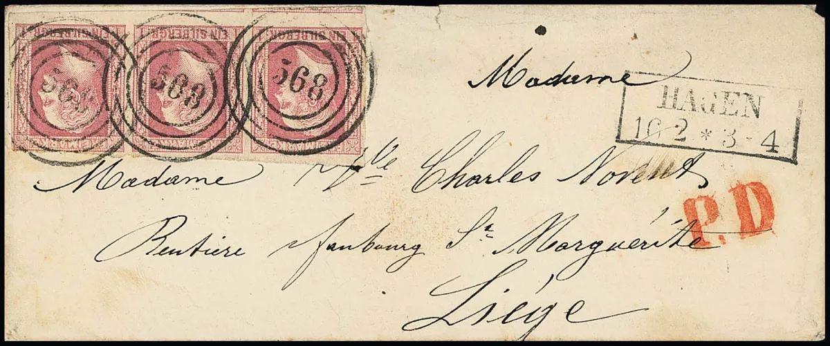 1 Sgr. rose en bande de trois partiellement surbordée (seul le timbre de droite touché en haut) sur enveloppe de dame (en état d'usage d'origine) avec NS "568"…