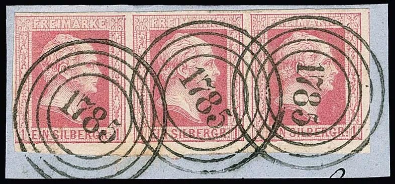 1 Sgr. rose, two strips of three on cabinet letter pieces with NS "103" resp. "1785", Mi. 360,- +