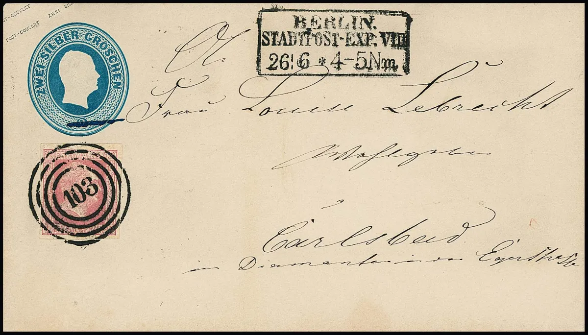 1 Sgr. rose avec NS "103" et Ra3 "Berlin Stadtpost-Exp. VIII" sur entier 2 Sgr. bleu vers Carlsbad, cabinet