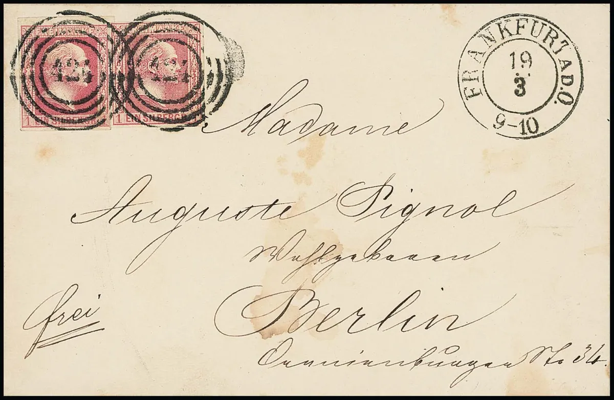 1 Sgr. carmine in same-value and same-colour mixed franking with 1 Sgr. carmine-rose, perfect examples as good combination on letter (letter paper slightly stained)…