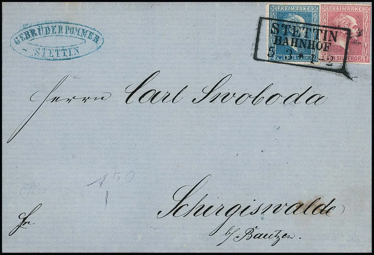 1 Sgr. rose, encore avec bords complets, et 2 Sgr. bleu foncé sur lettre magnifique avec cachet Ra3 clair "Stettin Bahnhof" vers Schirgiswalde