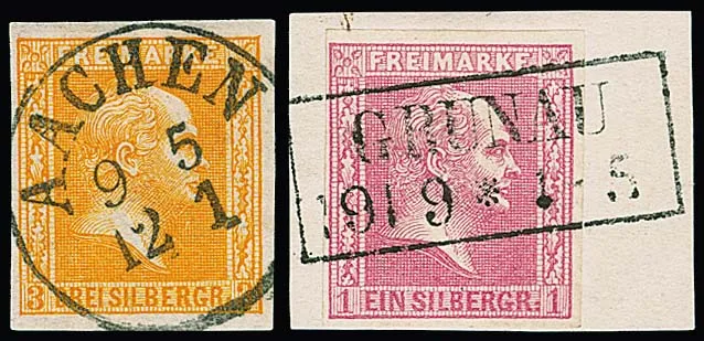 1 Sgr. rosa auf Luxusbriefstück mit Ra2 "Grunau" ideal, sowie loses Luxusstück 3 Sgr. orange mit idealem K1 "Aachen", beide ex Metzer