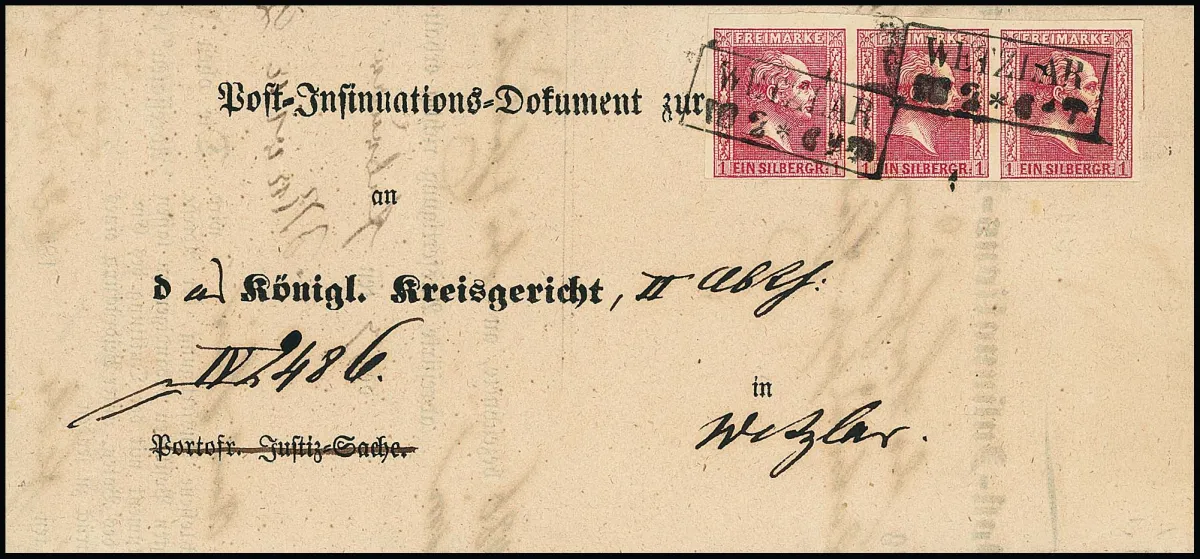 1 Sgr. karmijn, vol- tot breedgerande horizontale kabinetstrook van drie met Ra2 "Wetzlar" op postdocument (formulier) naar Wetzlar