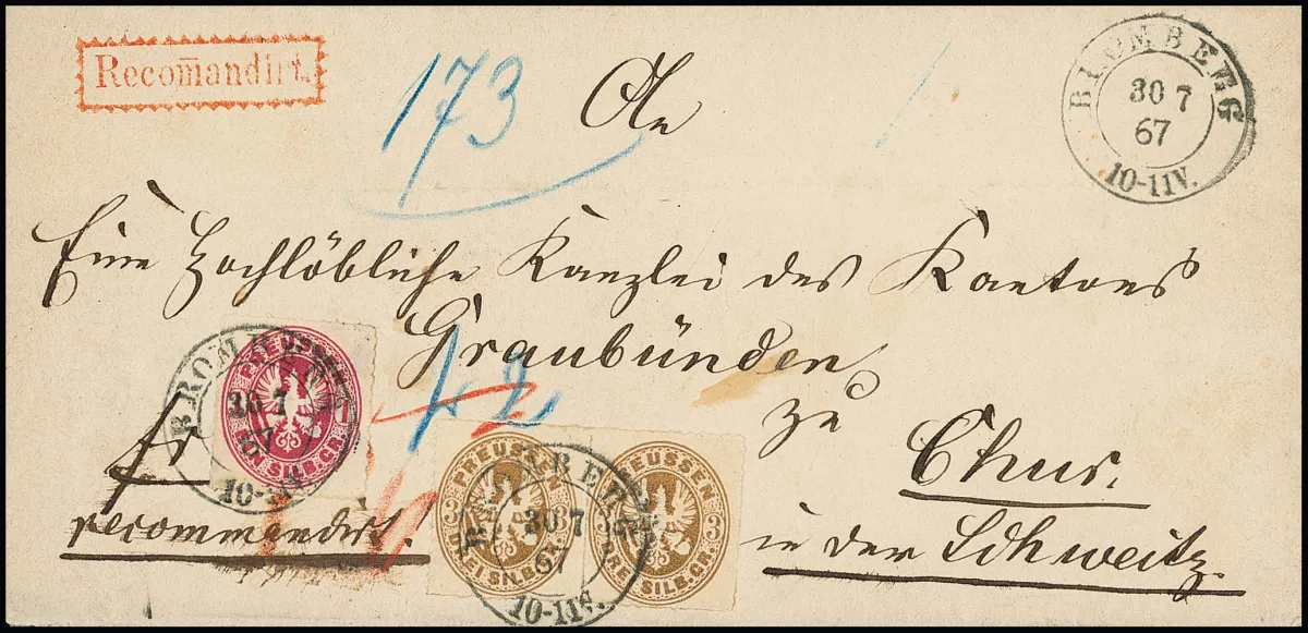 1 Sgr. pink and pair 3 Sgr. ochre-brown, perfect examples on registered letter (side flap part missing, irrelevant) with K2 "Bromberg" 1867 to…