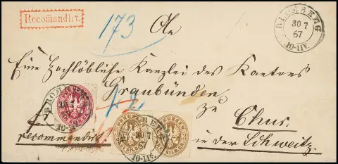1 Sgr. roze en paar 3 Sgr. okerbruin, perfecte exemplaren op aangetekende brief (zijklep deel ontbreekt, onbelangrijk) met K2 "Bromberg" 1867 naar…