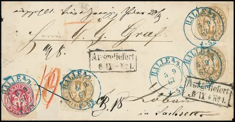 1 Sgr. roze en drie keer 3 Sgr. okerbruin op prachtige contante stortingomslag met blauwe K2 "Halle a.S." 1867 naar Löbau in Saksen.…
