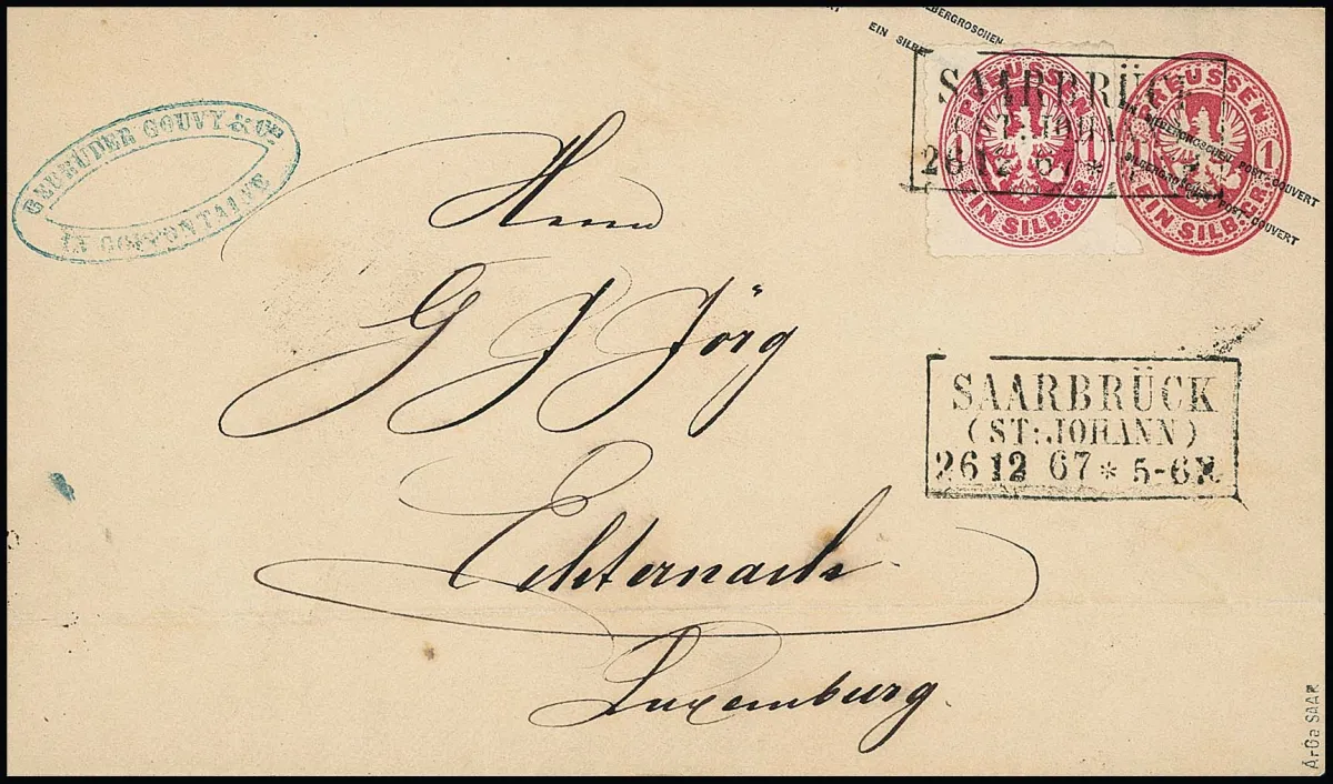 1 Sgr. rose, pièce de choix sur entier postal 1 Sgr. rose, avec Ra3 "Saarbrück (St. Johann)", tard 26.12.67, pour Echternach/Luxembourg. Enveloppe en bas légère…