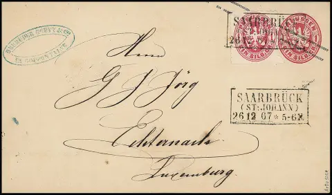 1 Sgr. roze, topstuk op postwaardestuk 1 Sgr. roze, met Ra3 "Saarbrück (St. Johann)", laat 26.12.67, naar Echternach/Luxemburg. Omslag onderaan lichte…