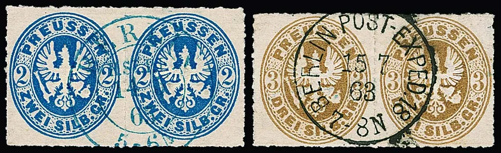 1 tot 3 Sgr. elk in paren, plus drie keer 3 Sgr. los, elk met ideale Berlijnse stempels, o.a. in blauw