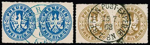 1 tot 3 Sgr. elk in paren, plus drie keer 3 Sgr. los, elk met ideale Berlijnse stempels, o.a. in blauw