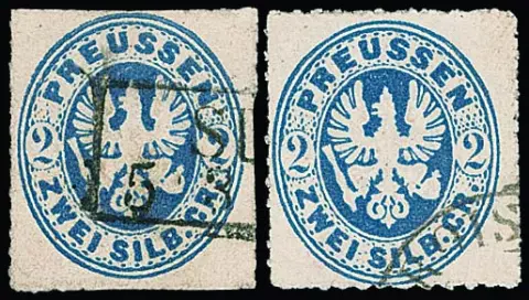 2 Sgr. melkwit grijsblauw, typische nuance van de zogenaamde "Hallenser postvervalsing", twee exemplaren met gebruik in Troisdorf (van deze plaats een 2e exemplaar…