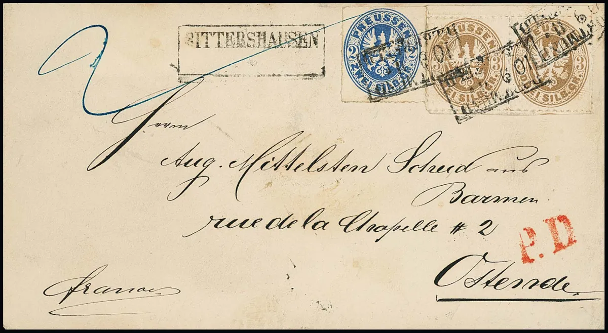 3 Sgr. brun ocre, paire de bord supérieur (en bas timbres voisins) et 2 Sgr. bleu, chacun impeccable, sur enveloppe de poste ferroviaire (seul le verso taché) de 2e échelon de poids avec Ra2 adapté "Rittershausen" comme cachet de station et Ra3 de train "Dortmund-Elberfeld" vers Ostende/Belgique