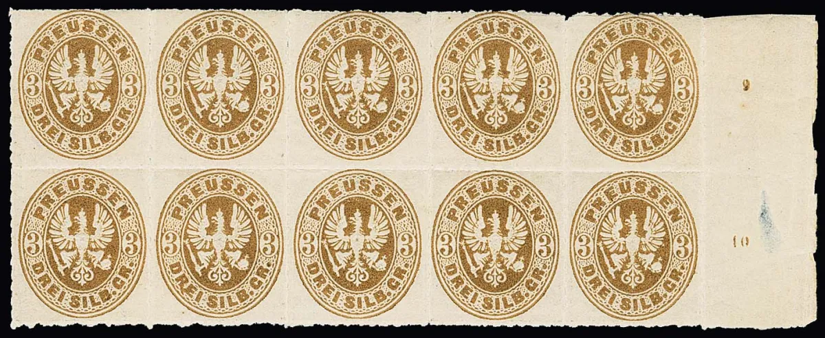 3 Sgr. ochre-brown, mostly mint never hinged margin block of ten, furthermore margin block of four (2, one corner top left) and margin block of six, pair as well as five further margin items