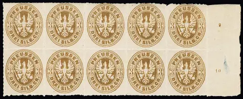 3 Sgr. okerbruin, meestal postfrisse randblok van tien, verder randblok van vier (2, één hoek linksboven) en randblok van zes, paar evenals vijf verdere randstukken