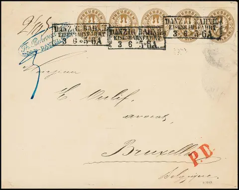 3 Sgr. okerbruin in strook van vijf (één waarde licht gekreukt aan rand) op zeldzame buitenlandse brief van 3e gewichtsklasse met Ra3 "Danzig Bahnh. Eisenbahnfahrt" 1862 naar Brussel/België, volledig originele gebruikte staat