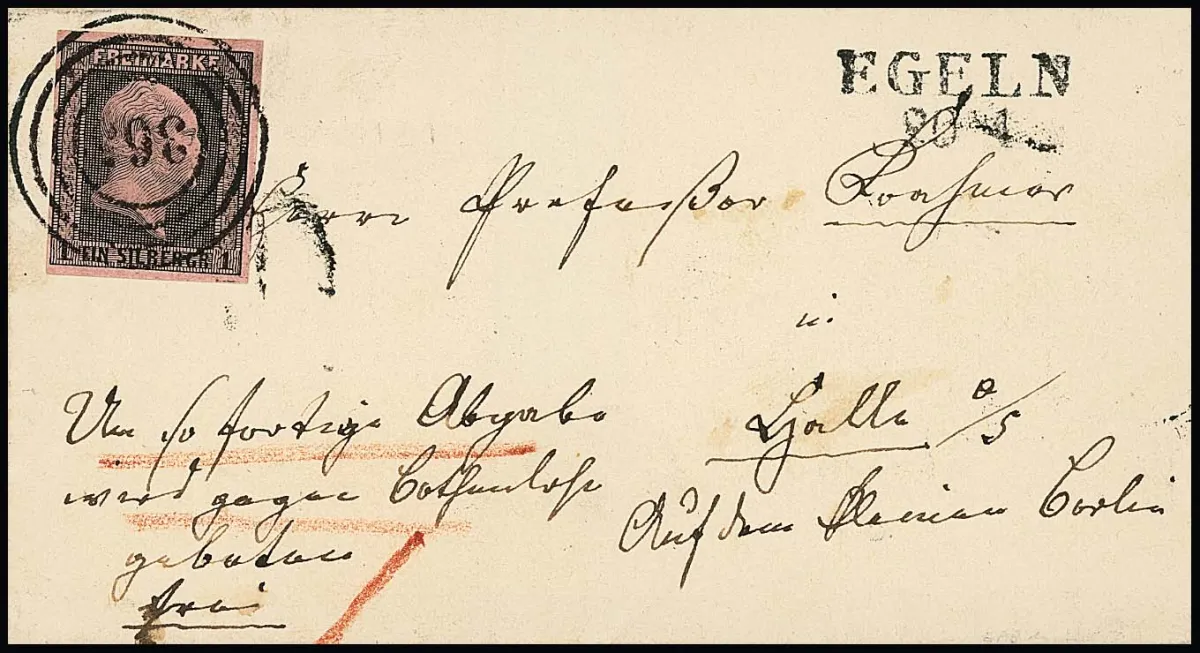 "365" avec L2 "Egeln" sur lettre de luxe avec 1 Sgr. pour Halle, ms. "Um sofortige Abgabe wird gegen Botenlohn gebeten, frei", signé Flemming