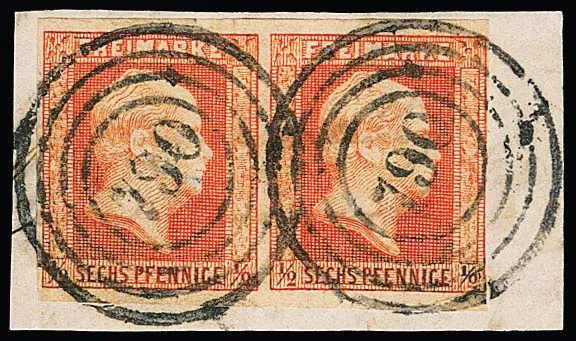 "790" (Alt-Landsberg) helder op briefstuk met paar 1/2 Sgr. baksteenrood (rechts iets randlijnsnede)