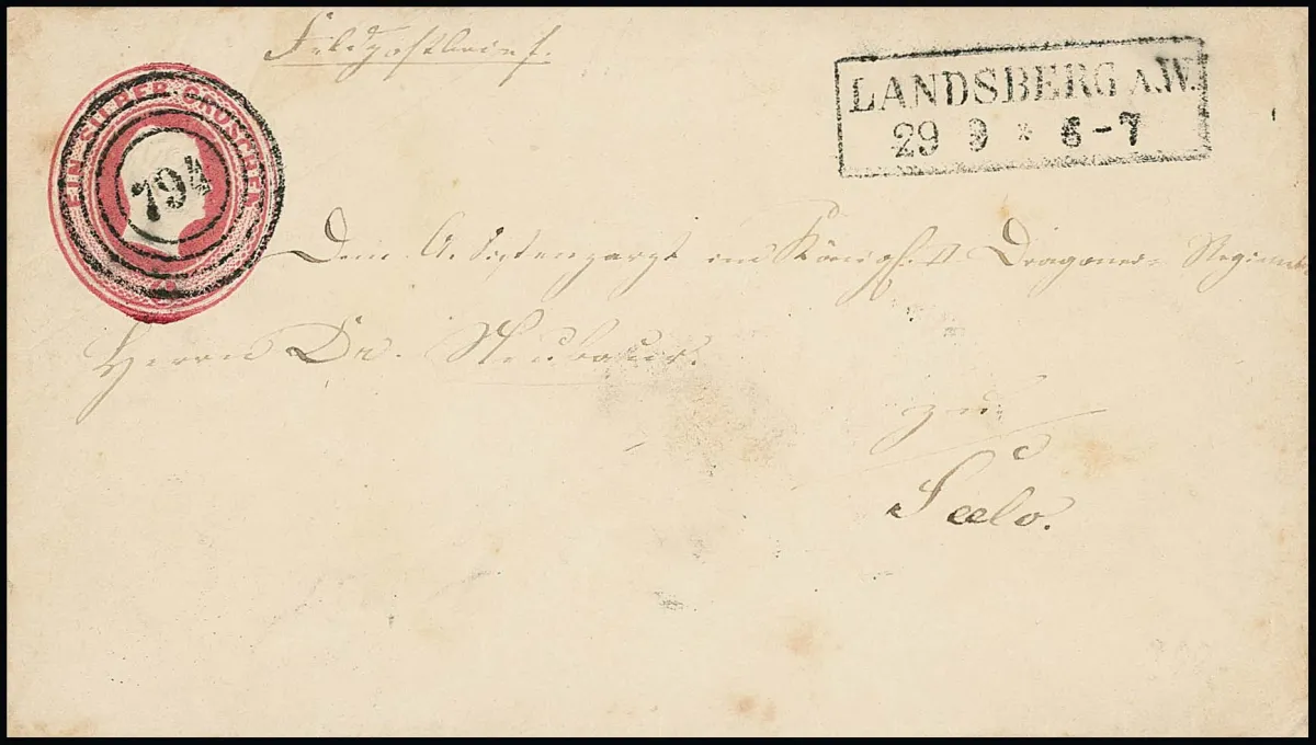"794" with Ra2 "Landsberg" in rare use on 1 Sgr. pink headed postal stationery, as "field post letter" (29.9.51) addressed to Seelow, photo cert. Flemming