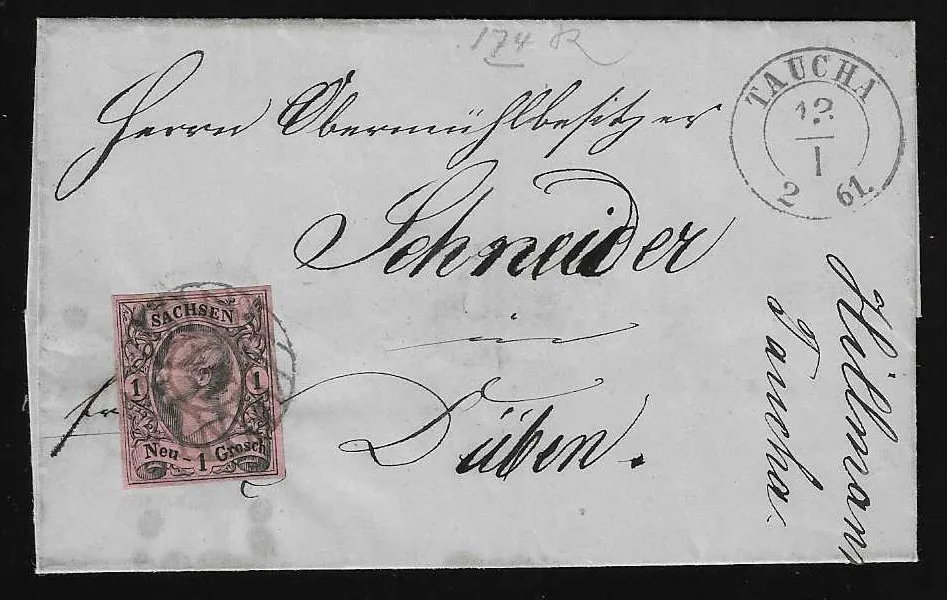 "174" nebst K2 "Taucha" auf Briefchen (leichte Gebrauchsspuren) mit Kabinettstück 1 Ngr. Johann