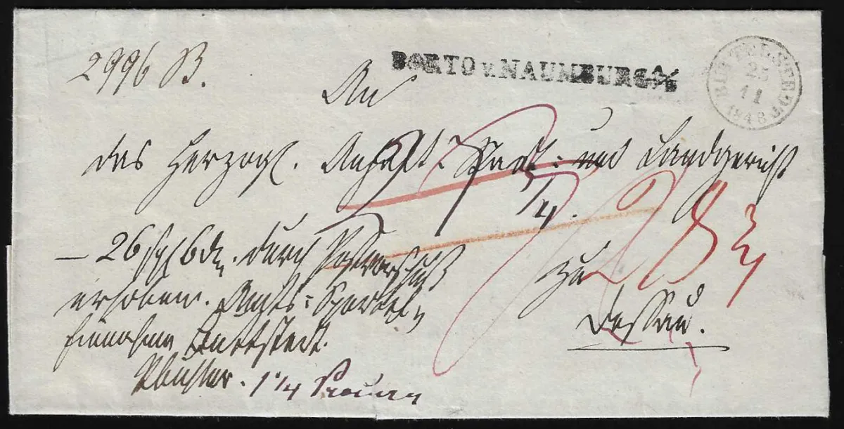 "Buttelstedt", 1848, K1 nebst L1 "Porto v. Naumburg a.S" auf Postvorschußbrief nach Dessau (rs. L2 "Halle")