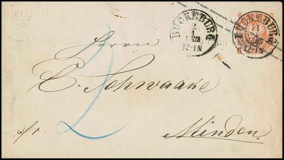 "Bückeburg", reused K1 on two Prussia postal stationery 6 Pfge. orange from same local correspondence to Pr. Minden, one dated 12.12.67, the second 2.1.68 (!) with postage due "2" Gr., as now invalid!