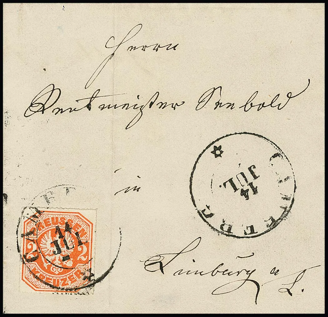 "Camberg", reused K2 on square-folded magnificent letter with Prussia 2 Kr. orange to Limburg, rare