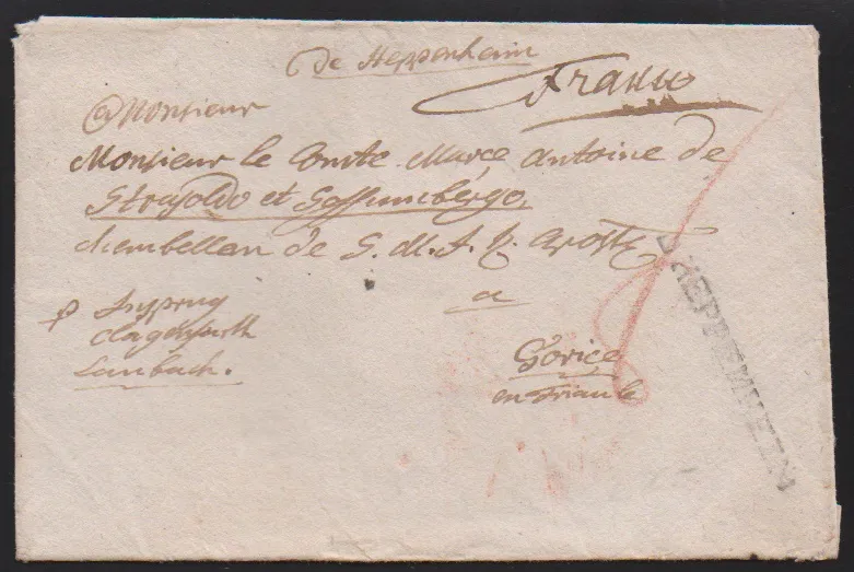 "Heppenheim", (1795), à la fois ms. "de Heppenheim" et premier L1 "D' HEPPENHEIM" sur couvert étranger vers Gorice (aujourd'hui Slovénie !)