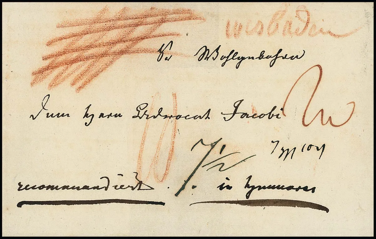 "Wiesbaden", (1810), ruční červená křída na obálce doporučeného dopisu do Hannoveru, podepsáno Feuser, a malý L1 "WISBADEN" na složeném dopise s obsahem 1801 do...