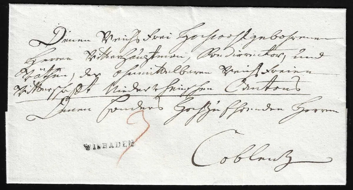"Wiesbaden", (1810), malý L1 "WISBADEN" na luxusní obálce do Coblenz