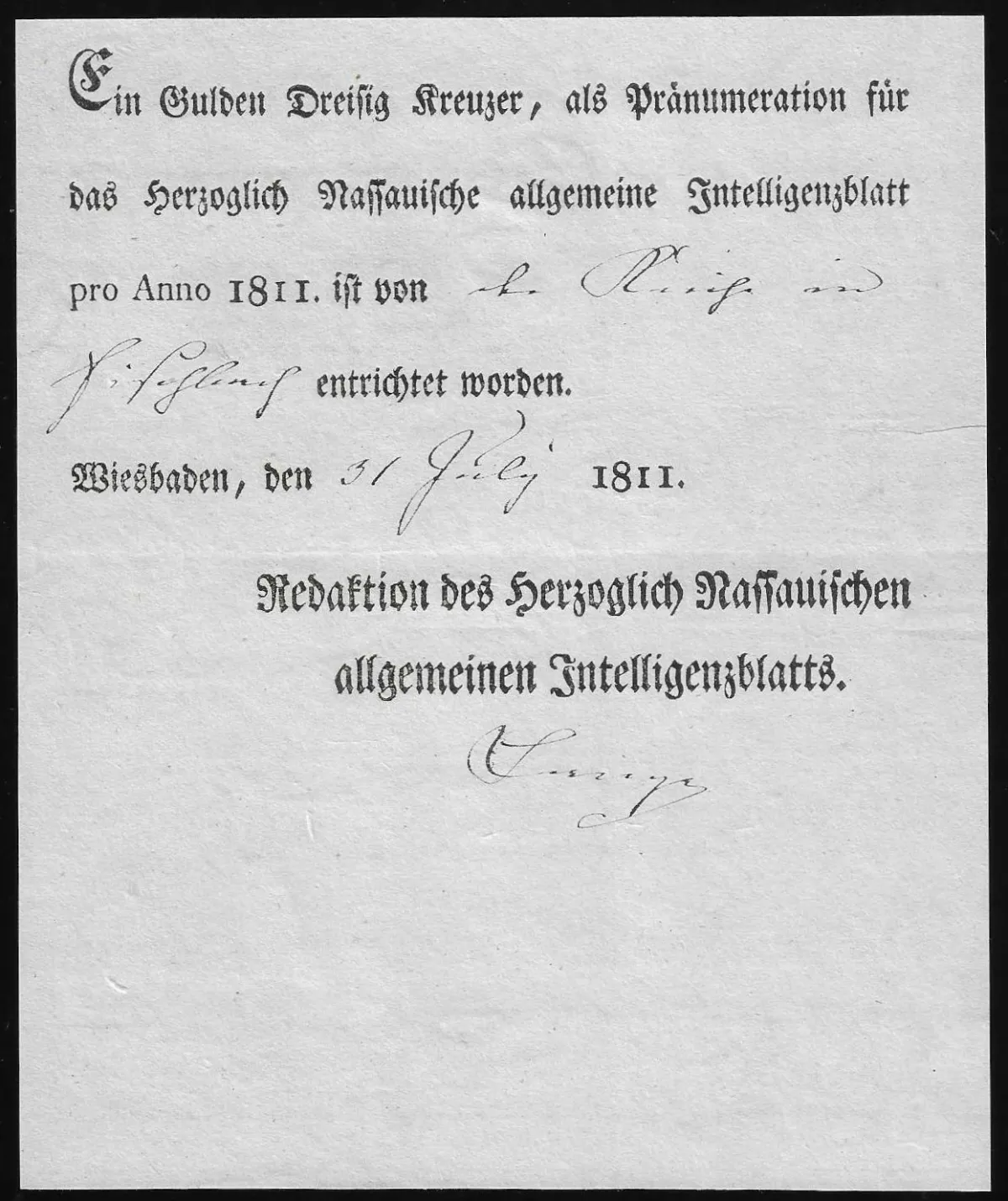 "Wiesbaden", 1811, bulletin d'abonnement de journal de l'époque française sans autre désignation