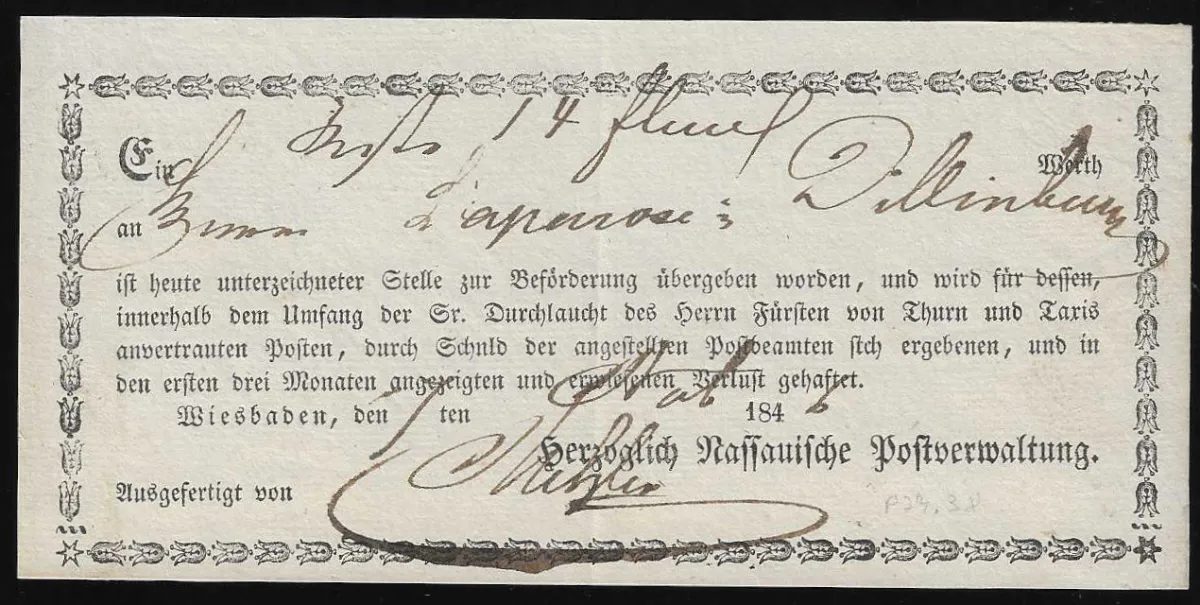 "Wiesbaden", 1842/46, two different ornamental-frame local printed postal orders "herzoglich Nassauische Postverwaltung", including a variant not listed in the handbook