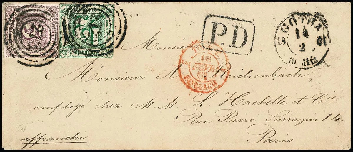 5 Sgr. pourpre et 1/2 Sgr. vert, Taxisschnitt, sur enveloppe de dame de Gotha 1861 pour Paris. Mi. 750,- +