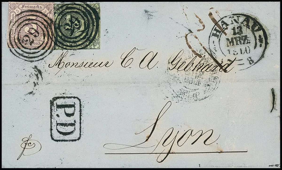 5 Sgr. pourpre en affranchissement mixte avec 1/2 Sgr. noir/gris-vert sur lettre pliée bleue pour Lyon, nets NS "29" et K2 "Hanau", Taxisschnitt généralement bien margé