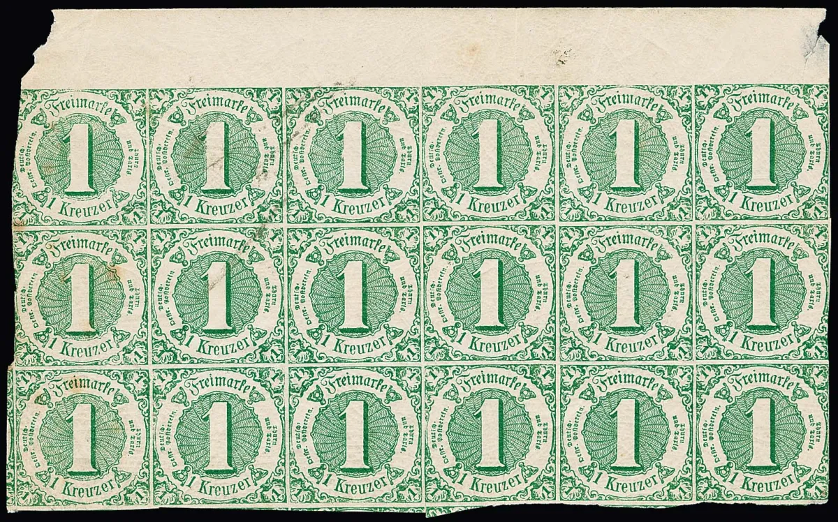 1 Kr. grün, seltener Oberrand-18er-Block mit meist postfrischen Marken, kleine Mängel (zwei Werte Randfehler, 4. Reihe Bug, links etwas stockig), dennoch eine…
