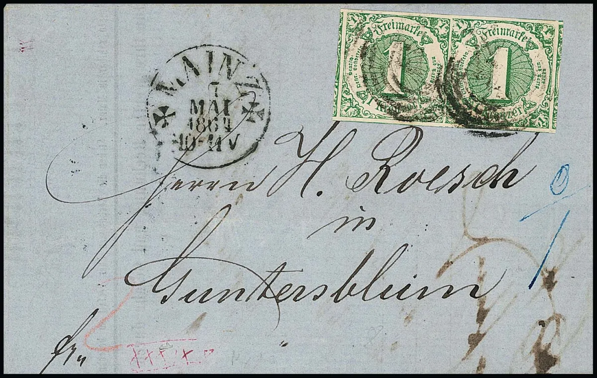 1 Kr. green, extremely wide-cut horizontal cabinet pair (neighbouring stamps on all sides) on cover from Mainz to Guntersblum