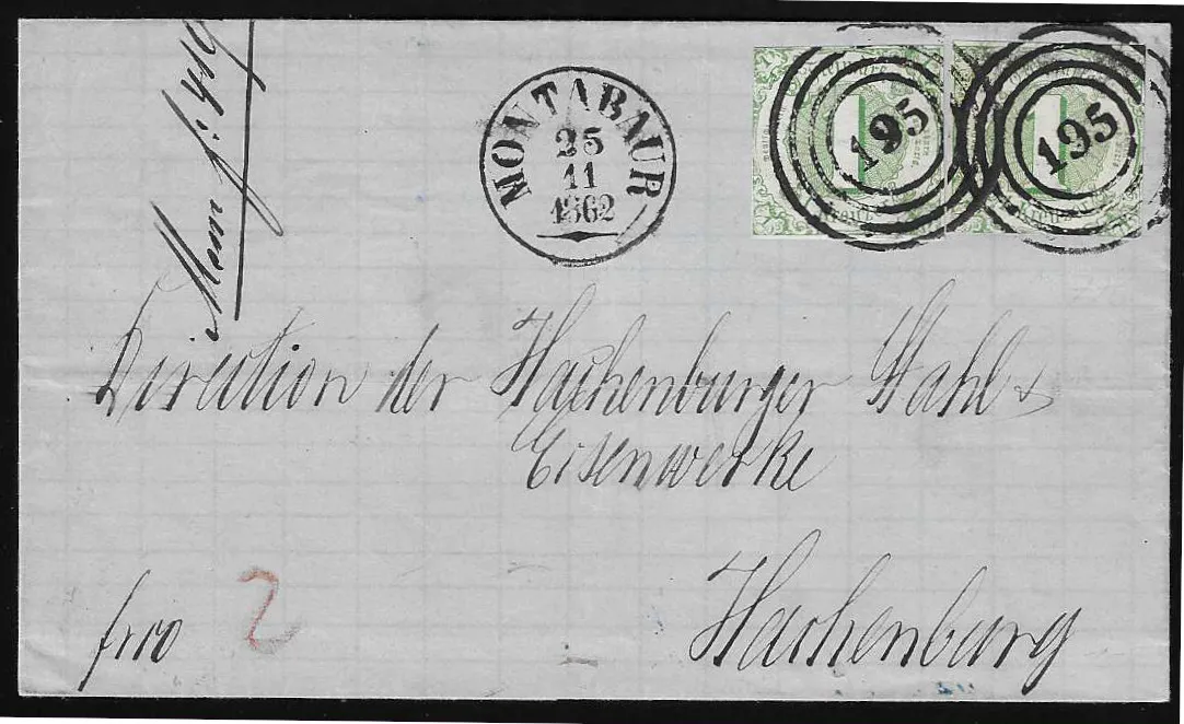1 Kr. grün per zwei auf Brief mit klaren NS "195" und K1 "Montabaur", sowie durchstochen im Paar auf Brief (rs. nicht ganz kpl.) mit NS "277" und K1 "Rodach"