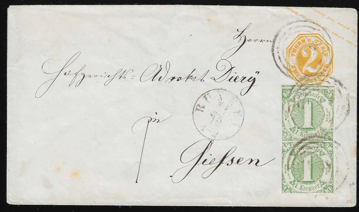1 Kr. vert en paire verticale, découpe Taxis, sur entier postal 2 Kr. jaune, avec NS "204" délicat et K1 "Runkel" vers Gießen, signé Krause