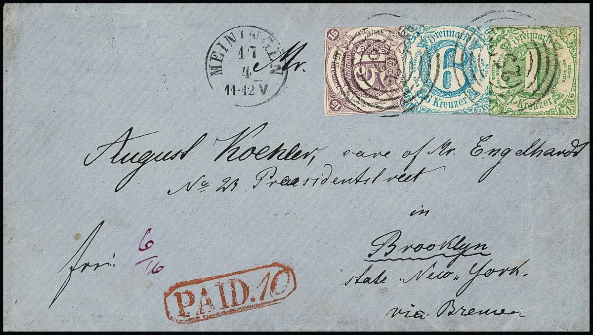 15 Kr. purpur, Taxisschnitt, in Mischfrankatur mit 1 Kr. grün und 6 Kr. hellblau (teils Scherentrennung), auf Übersee-Couvert (rs. gering verkürzt) von…