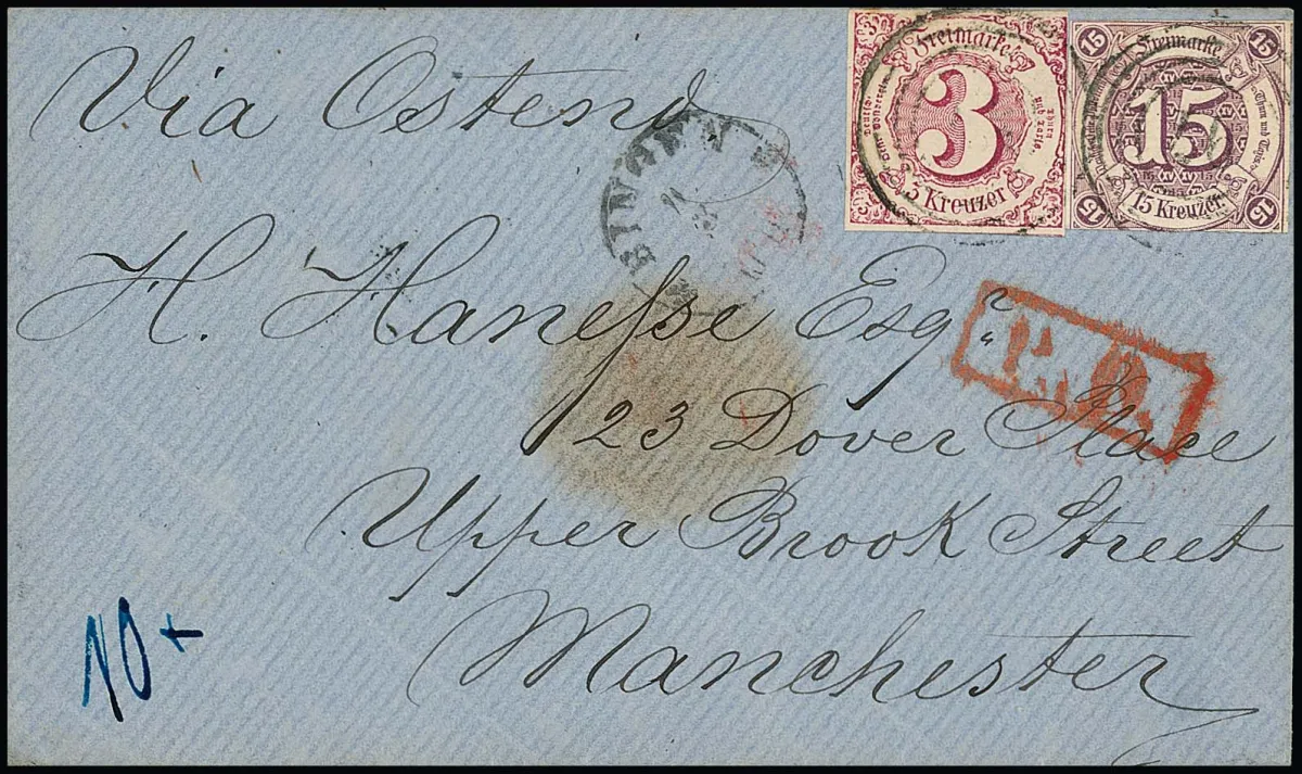 15 Kr. pourpre, découpe Taxis, et 3 Kr. carmin rose bien margé, sur enveloppe de Bingen 1864 vers Manchester