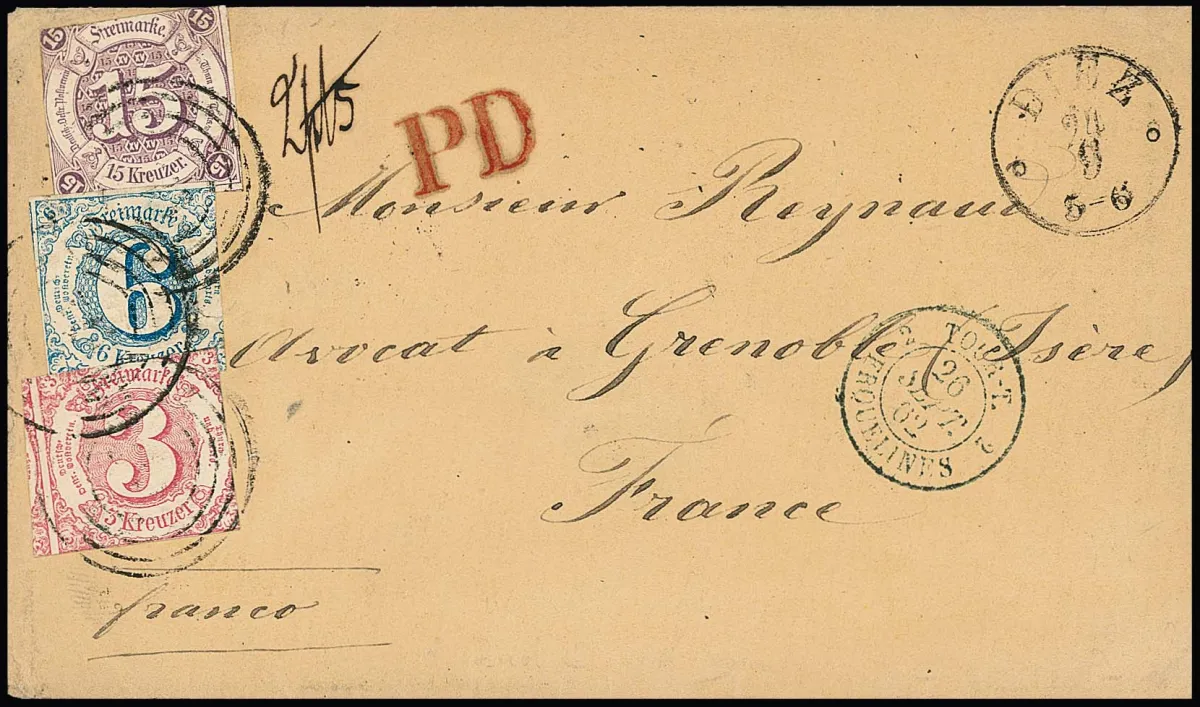 15 Kr. purpurová, 3 Kr. růžová a 6 Kr. modrá, Taxis střih viz foto, na béžové obálce s jemným NS "172" a K1 "Diez" 1862 do Francie