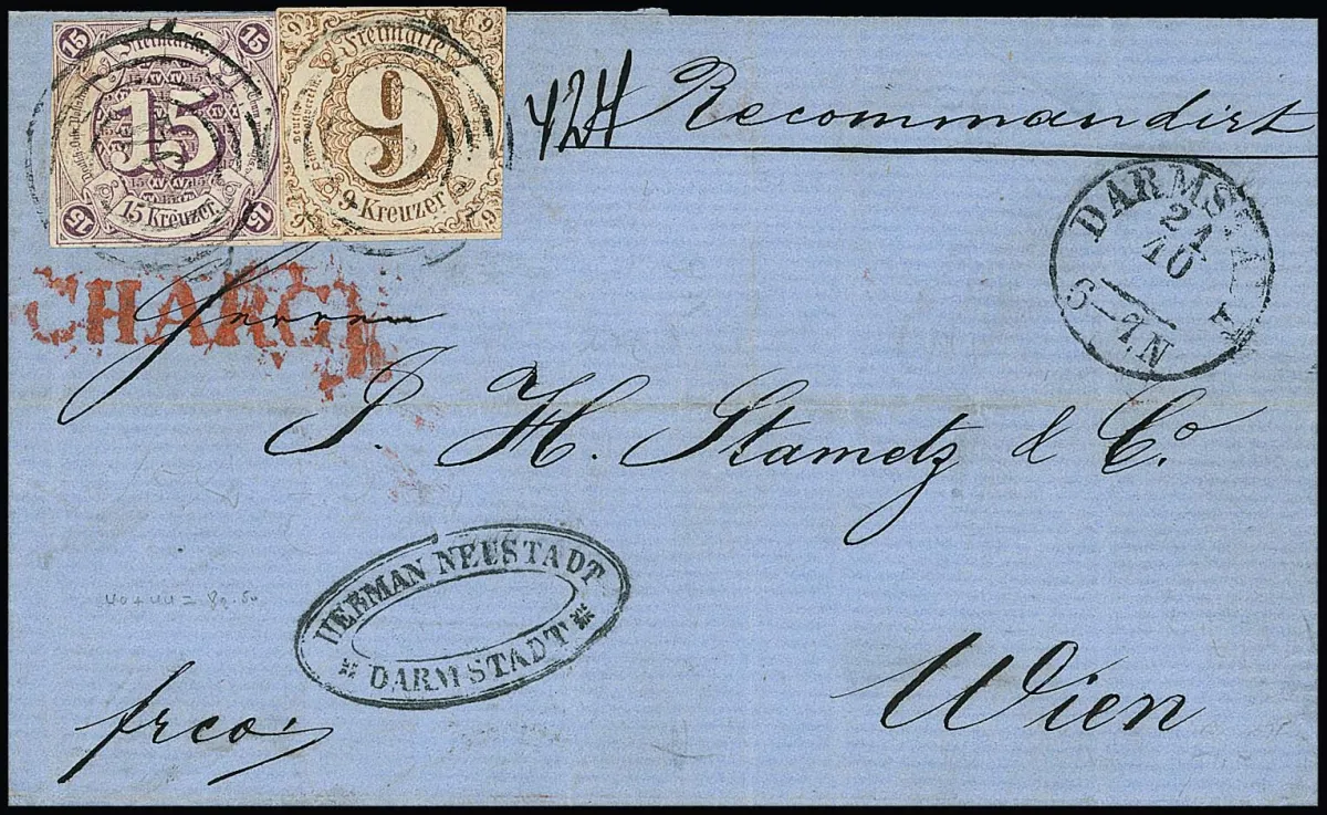15 Kr. purple in mixed franking with 9 Kr. ochre-brown, mostly well cut, on registered folded letter from Darmstadt to Vienna, with red side L1 "Chargé"