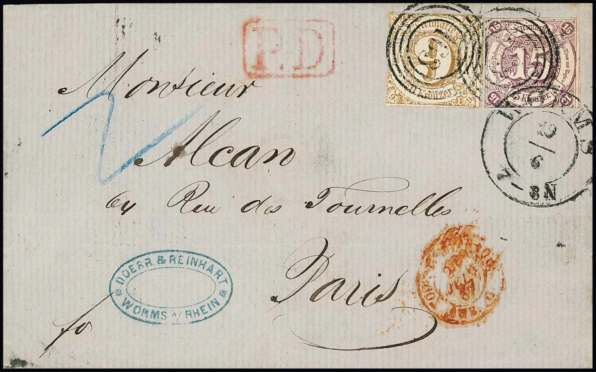 15 Kr. pourpre, coupe Taxis, ainsi que 9 Kr. brun ocre perforé sur lettre pliée avec NS "163" et K2 "Worms" 1867 pour Paris